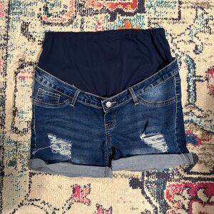 Blue Maternity Denim Shorts with Distressing and Cuffed Hem